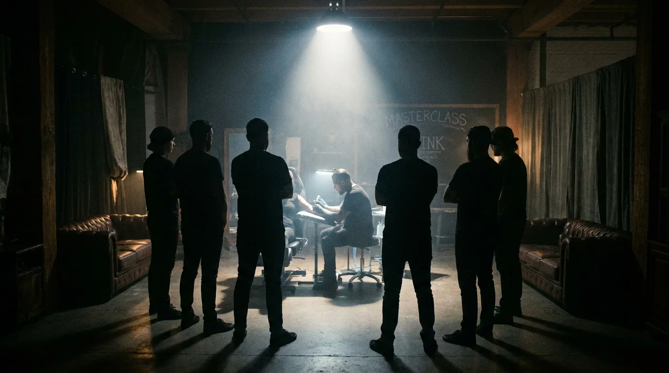 Ten artists gathered around the master during a live tattoo masterclass demonstration