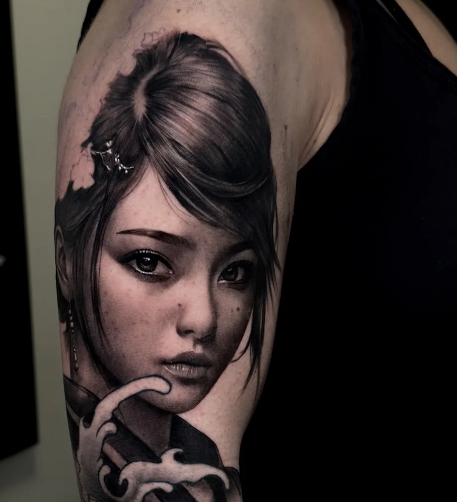 Black & grey realism portrait by Federico Galliani, rendered in stippled dots